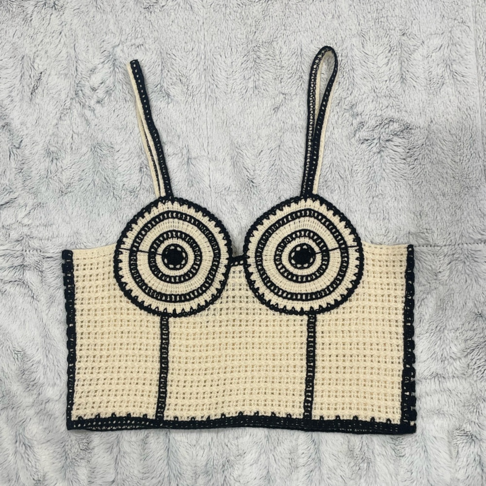 Crochet Crop Top in Cream with Black Trim - Picture 2 of 4